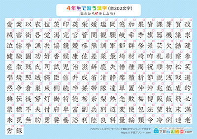 小学4年生の漢字一覧表（チェック表） ブルー A4